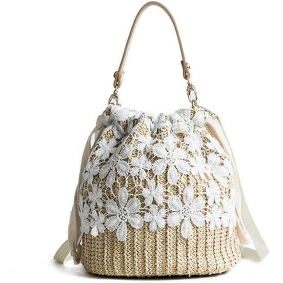 Purse Bucket Bag Lace Handmade Straw Woven Sling Handbag Shoulder Crossbody Bag - Picture 1 of 7